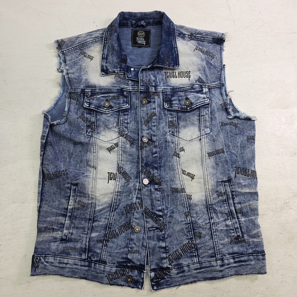 Jewel House Other - Jewel‎ House AOP Logo Jean Jacket Distressed Wash Denim Button Vest Men's XL